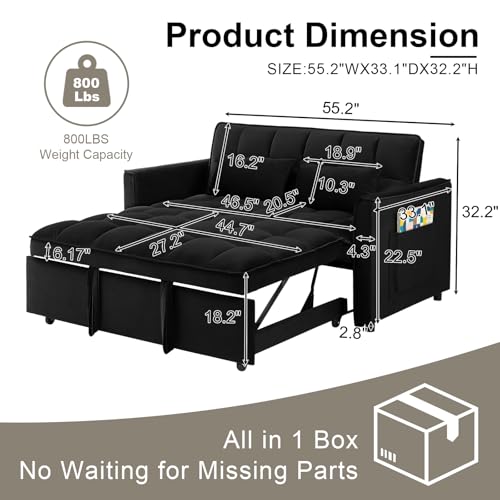 Image of 3 in 1 Folding Convertible Sofa Bed, 55'' Pull Out Couch Bed with Side Pocket, Velvet Fabric Loveseat Sleeper Sofa with Adjustable Backrest, Easy Assembly, Perfect for Living Room, Black