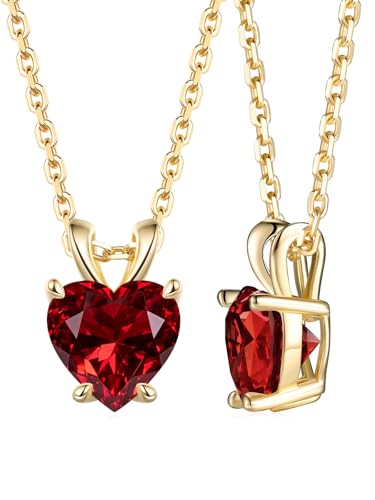 CYW 2 Carat Red Ruby Small Gold Heart Necklace for Women 925 Sterling Silver Solitaire Pendant Necklace