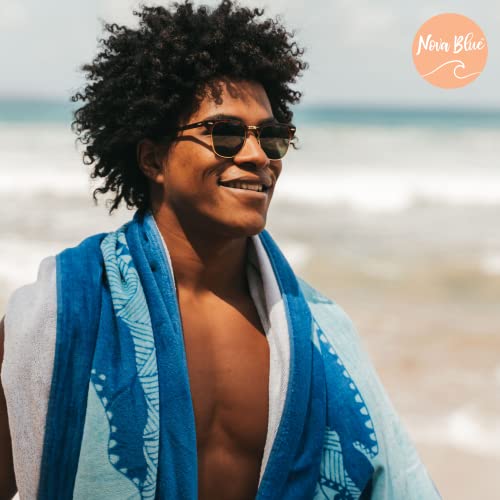 Nova Blue Shark Beach Towel – Blue With A Tropical Design, Extra Large, Xl (34”X 63”) Cool Hawaiian, Navy Beach Towel With Light Blue Stripe, Made From 100% Cotton #TOP4