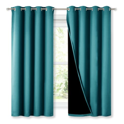 Image of NICETOWN 100% Blackout Curtains with Black Liner, Thermal Insulated Full Blackout 2-Layer Lined Drapes, Energy Efficiency Window Draperies for Bedroom (Peacock Teal, 2 Panels, 52-inch W by 63-inch L)