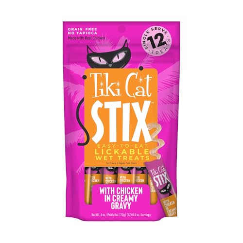 Tiki Cat Stix Mousse Treats Single Serve Indulgent Lickable Treat or Dry Food Topper with Chicken in Creamy Gravy 6 oz. Pouch
