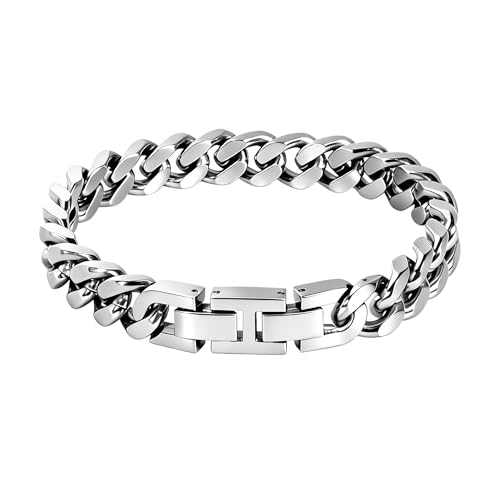 Hengbofeng Bracelets for Men,Stainless Steel Cuban Link Chain for Men,fashion mens bracelet Jewelry With, For Dad, Friends, Brother Gifts(Silvery)