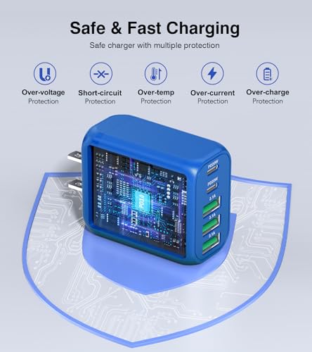 Image of (2-Pack) 50W USB C Wall Charger Block, 5-Port C Charger Fast Charging Block PD Power Adapter +QC Multiport Type C Box Brick Cube USB A Wall Plug for iPhone 15 /16 /17 Pro Max,Samsung (Dark Blue)