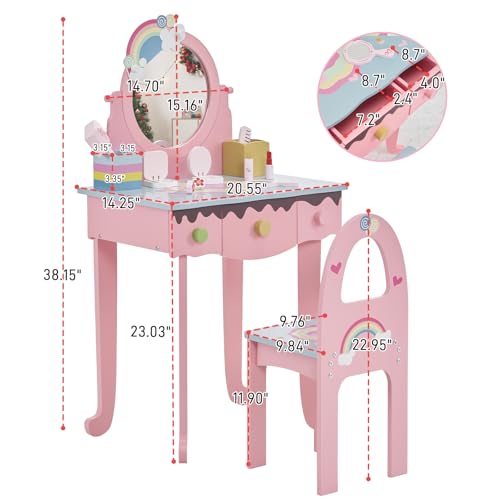 Image of Princess Vanity Table with Lights,Princess Makeup Vanity Desk with Storage Drawer, 2 in 1 Vanity Table & Chair Set with Mirror for Girls (Style 2-Pink)