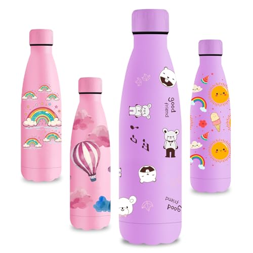 Vikastar Botella Termica, 0.5L Sin BPA, Botella Agua Acero Inoxidable, Reutilizable, Cantimplora, a Prueba de Fugas, Doble Aislamiento, Botella de Agua para Niños, Deportes, Fitness, morado Oso