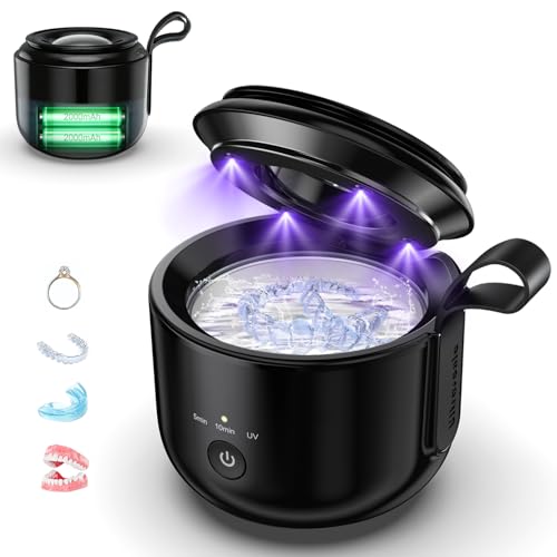 Upgraded Cordless Ultrasonic Retainer Cleaner 48kHz Portable Ultrasonic Denture Cleaning for Dental Pod with UV-Light for Sport Mouth Guards Braces Toothbrush Heads Jewelry,3 Models, Rechargable