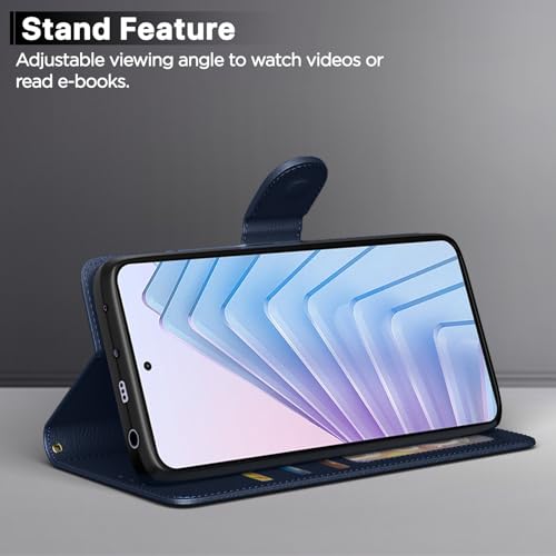Image of Amazon Basics Flip Cover for Redmi Note 14 5G Leather Finish | Wallet Stand and Shock Proof | Inside TPU with Card Pockets | Complete Protection Flip Case (Blue)