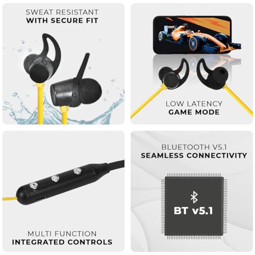 Image of Adcom Sync Wireless Bluetooth Neckband Headset with Up to 10 Hours Playback, Fast Charge, Low Latency, Magnetic Earbuds, Bluetooth Neckband, Bass Drivers, Wireless with Mic Earphones (Yellow)