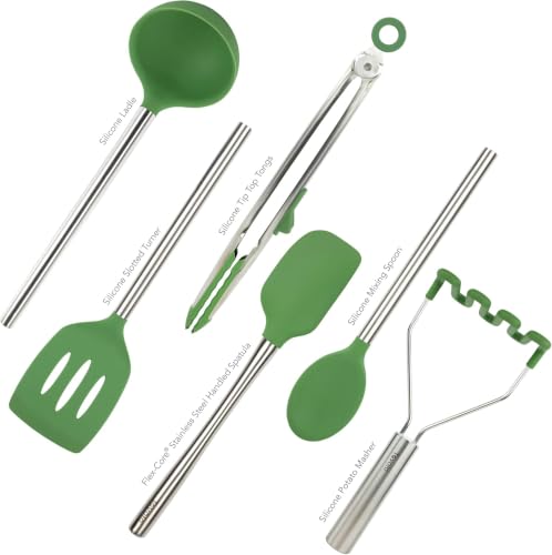 Image of Tovolo Silicone Cooking Utensil Set of 6 Stainless Steel Handle Ladle Slotted Turner Tongs Flex Core Spatula Scraper Mixing Spoon & Potato Masher, Dishwasher Safe BPA Free Utensils, Pesto Green