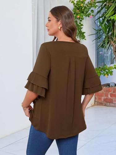 Beauhuty Womens Plus Size Tops Square Neck Tunic Double Ruffles Hem 3/4 Sleeve Shirt Casual Trendy Flow Loose Dressy Blouse4