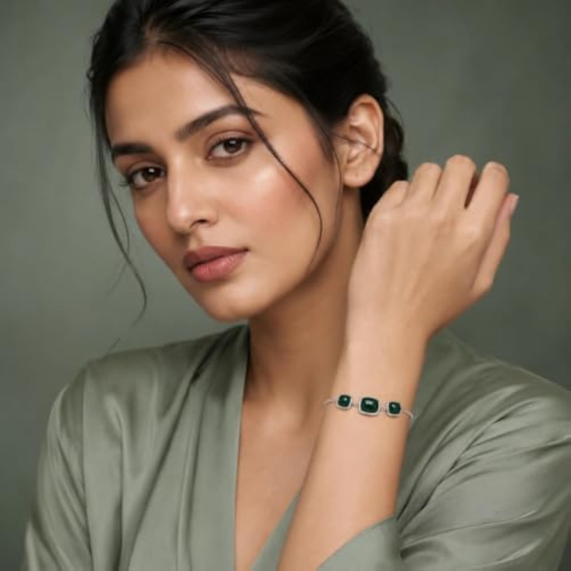 Emerald Green Square Stone Silver Bracelet for Women