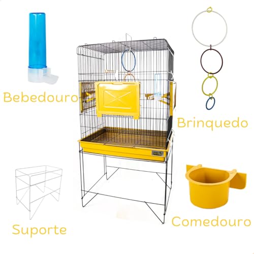 Gaiola para Pássaros com Pedestal Triplex Espaçosa Amarela com Comedouros e Acessórios