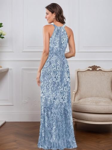 Halter Mother of The Bride Dresses Long Mermaid Formal Dress for Women Sequin Lace Evening Party Gown2