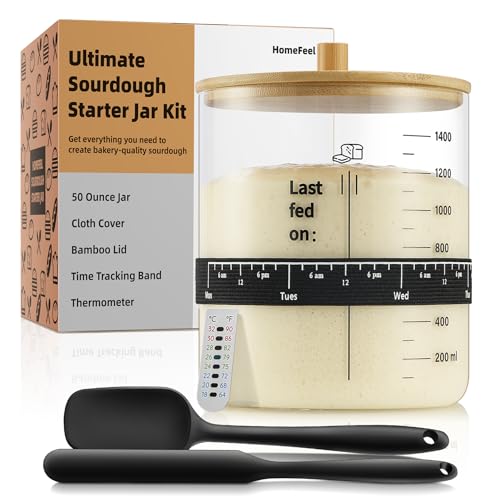 Comparison: Best Sourdough Starter Container 3 HomeFeel Premium Sourdough Starter Jar - 50 oz Large Glass Jar with Bamboo Lid, Cloth Cover, Date Tracker, Thermometer and Scraper, Stylish Design and Wide Mouth Starter Kit