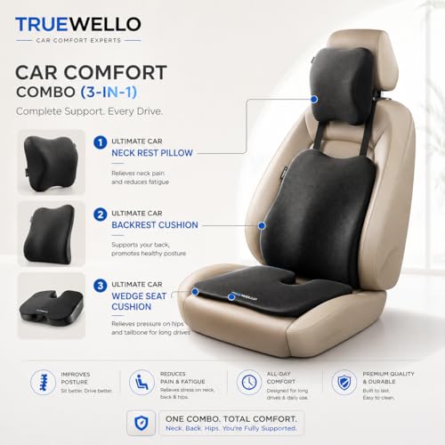 Image of Ultimate Car Comfort Combo for Driving Comfort |Wedge Seat Cushion Set of 3 | Ergonomic Memory Foam Support for Neck, Back & Hip Pain Relief | Universal Fit | Black