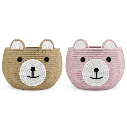 Image of PandaEar 2 Pack Cotton Rope Baby Basket, Baby Gift Basket Nursery Laundry Organizer with Cute Bear Design for Storage Infant Newborn Essentials, Diaper Caddy with Handle