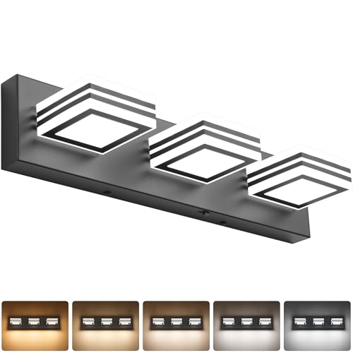 Image of SOLFART LED Bathroom Vanity Light Fixtures: 3 Light Matte Black Modern Acrylic Bathroom Wall Lighting Fixtures Over Mirror 5CCT