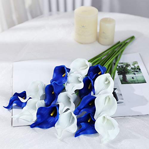 Tifuly 24Pcs Calla Lily Bridal Wedding Bouquet Latex Real Touch Artificial Flowers Arrangement For Home Office Party Decor (Blue And White) #TOP1
