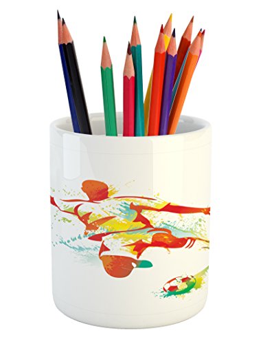 Lunarable Sports Pencil Pen Holder, Soccer Player Kicks the Ball Competitions Paint Splashes Speed Boots Art, Printed Ceramic Pencil Pen Holder for Desk Office Accessory, Orange Yellow Green
