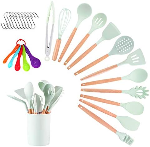 Yuning Set di Utensili da Cucina, 18 Pezzi Set di Utensili da Cucina in Silicone, Strumento di Cottura Antiaderente Resistente al Calore con Manico in Legno, con 10 Ganci, Verde Chiaro