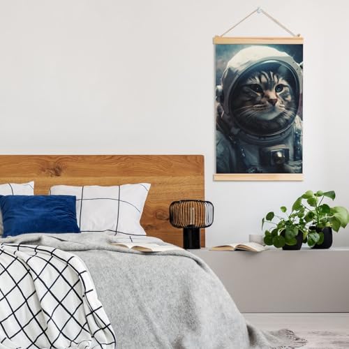 Impression sur toile chat astronaute avec suspension bois chic