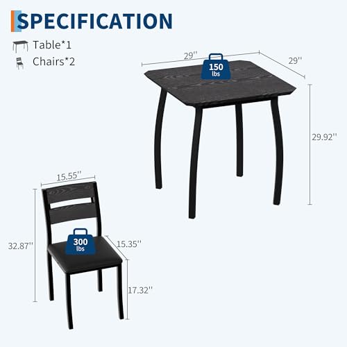 GAOMON Dining Table Set for 2, 3 Piece Small Kitchen Table and 2 Upholstered Chairs with Metal Frame & Wood Grain Tabletop for Small Space, Apartment, Kitchen, Dining Room, Black