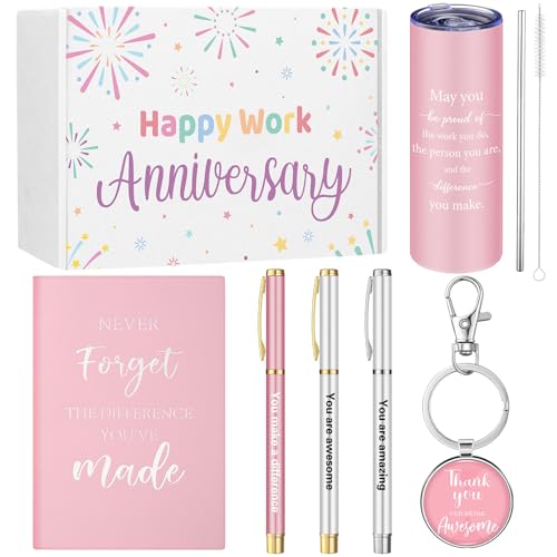 Geiserailie 7 Pcs Workiversary Gifts for Women Employee Appreciation Gift Thank You Gifts Workiversary Box Include 20oz Tumbler Notebook 3 Pens and Keychain for Office Coworker Employee(Pink)