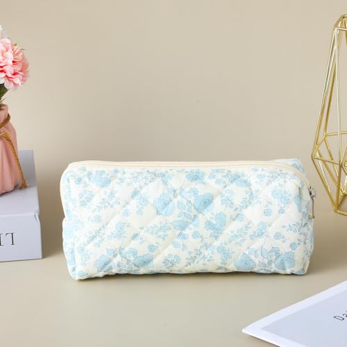 Image of Cute Pencil Case, Aesthetic Flowers Pencil Pouch, Portable Pen Bag Wide Opening, Soft Quilted Pencil Pouch Organizer with Zipper for Office College Storage Makeup Pouch, Blue Flowers
