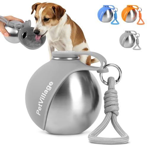 Image of 2-in-1 Dog Water Bottle with Foldable Bowl, Portable Leak-Proof Pet Travel Water Dispenser, Stainless Steel Dog Hydration Bottle for Walking, Hiking, Small Dogs & Puppies, Gray 10oz