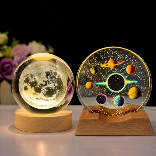 Image of One94Store 3D Space Crystal Ball Lamp & Crystal Moon Lamp Combo, USB Plug-in Night Lights Decorative Bedside Lamps for Bedroom, Living Room & Gift Decor
