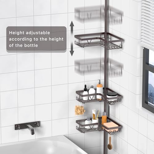Image of KEGII 4-Tier Corner Shower Caddy Tension Pole - Waterproof Shower Rod Organizer, Floor to Ceiling Tension Rod 25-114.2 inch, Stainless Steel Corner Shower Shelf, Bronze