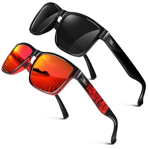 LINVO Gafas de sol polarizadas para hombres y mujeres, gafas de sol para conducir, 100% protección UV, tonos cuadrados, (Paquete de 2) marco negro brillante, lente gris + marco negro y rojo, lente