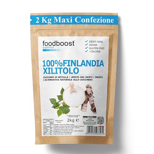 Xilitolo Finlandese 2Kg foodboost - 100% Naturale estratto da Betulla - stesso potere dolcificante dello zucchero - adatto diete ipocaloriche o bilanciate - contro la carie - 100% Europeo