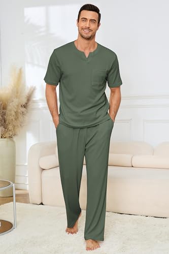 Image of JiniGolla Mens Pajamas Set Soft Short Sleeve Top and Pant Loungewear Sets 2 Piece Pjs with Pockets