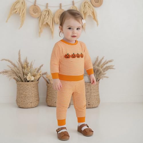 Toddler Baby Boy Girl Halloween Outfit Pumpkin Ghost Embroidery Striped Waffle Sweatshirt and Pants Set Fall Clothes3
