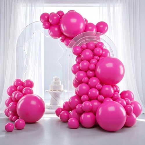 Image of RUBFAC 129pcs Hot Pink Balloons, Latex Magenta Pink Balloon Arch Kit Garland Different Sizes 18 12 10 5 Inch for Birthday Baby Shower Wedding Princess Theme Party Decoration
