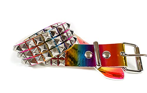 Rainbow Holographic Three Row Black Pyramid Stud Rave Studded Belt Vegan Punk Goth4