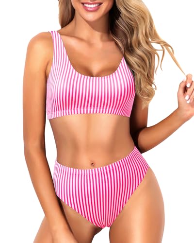 Image of Tempt Me Women Sporty Bikini Set Two Piece High Waisted Swimsuit Athletic Scoop Neck Bathing Suit