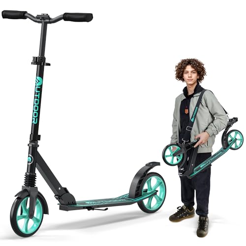 Outdoor Cruiser Kick Scooter for Ages 6+, for Kids, Teens, and Adults, Max Load 250 LBS, Foldable, 8-inch Big Wheels, Dual Suspension, 3 Adjustable Levels, Child Safety Approved, Black and Aqua