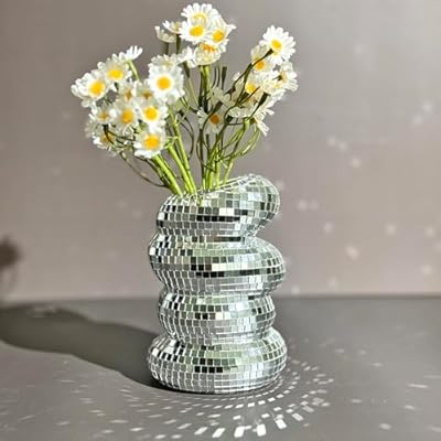 Disco Ball Spiral Vase Unique Glass Tiles Flower Bottle Disco Ball Planter Silver Mirror Vase Home Living Room Kitchen Office Table Decor (Silver)