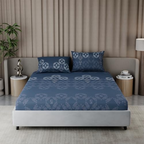 Image of BLISSHOME Everlast 150TC King Size Fitted Bedsheet with 2 Pillow Covers, Aesthetic Bedding, Wrinkle Resistant, 100+ Wash Durable, Quick Dry, Elegant Ornate Pattern - Blue (183cm x 198cm + 25cm Drop)