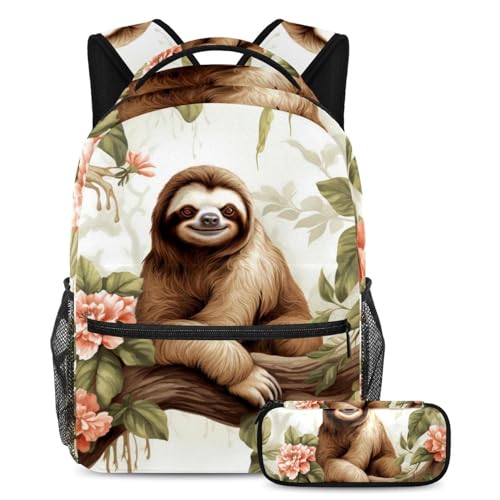 Sac à dos grande capacité avec trousse à crayons imprimé paresseux pour fournitures scolaires