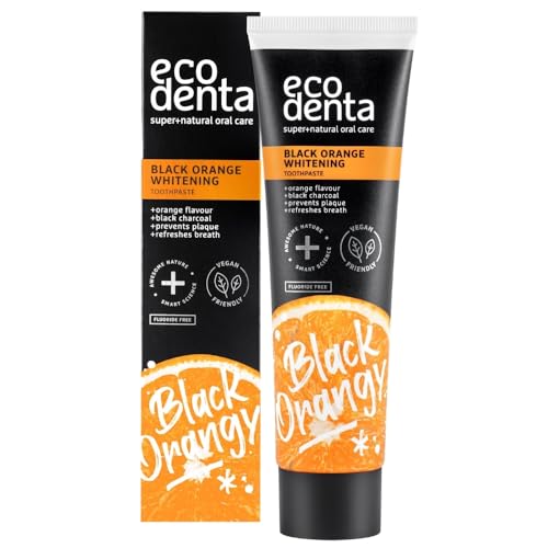 Ecodenta - Orange Charcoal Toothpaste Fluoride Free - Whitening Toothpaste Charcoal - Natural Toothpaste Flavor - Black Activated Charcoal Toothpaste - Stain Removing Toothpaste for Smokers - 100ml