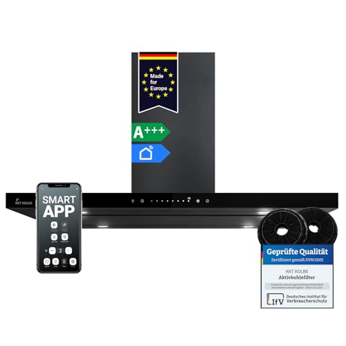 KKT KOLBE A+++ campana 90 cm 680 m³/h campana Aire de escape Aire Circulado Negro Vidrio Smart WiFi WLAN App Automatic SensorTouch incl. Filtro de carbón FLAT-ISLAND-6S