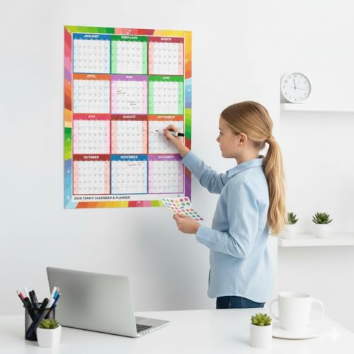 Image of ThinkCrafts 2026 Wall Calendar Daily Planner, Large Format 28.5x19 Inches, Writable Surface with Color Dot Stickers, 12 Month (F, 20x30)