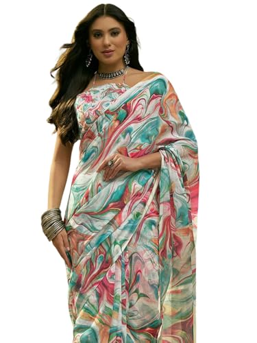 Image of SIRIL Women's Cotton Linen Printed Zari Border Saree with Unstitched Blouse Piece