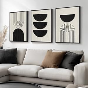Framed Boho Wall Art for Living Room, Large 3 Piece Neutral Geometric Black and Beige Abstract Pictures Wall Art Decor, Farmhouse Vintage Artwork Home Decor for Hallway Office Guest Room 24×36 Inch