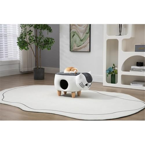 Image of Pemberly Row Cat Condo Fabric Pet House Ottoman, Multi-Color Finish, 15 in x 14 in x 24 in, Solid Wood Legs, Kitten-Shaped Design, Comfortable Pet Hideaway and Storage for Toys and Accessories