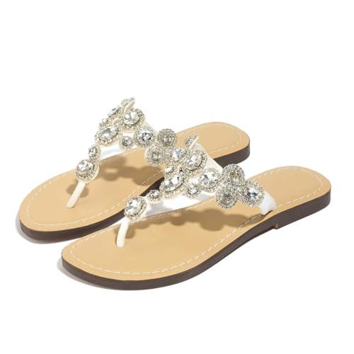 Image of Rhinestone Sandals for Women - Sparkly Jeweled Bling Thong Flip Flops, Dressy Gemstone Flat Sandals for Wedding, Party, Beach & Summer Outfits