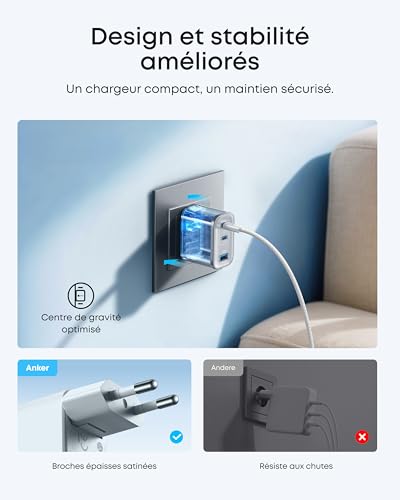 Anker Nano Chargeur USB-C, Chargeur Type C 3 Ports, Recharge Rapide avec Sortie UltraFast 70 W, Compact et élégant, pour iPhone 17 16 15, MacBook Air, iPad, Pixel, Galaxy, et Autres (câble Inclus)